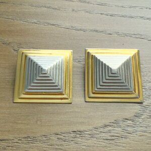Vintage Gold & Silver Tone Geometric Clip-On Earrings Square Pyramid